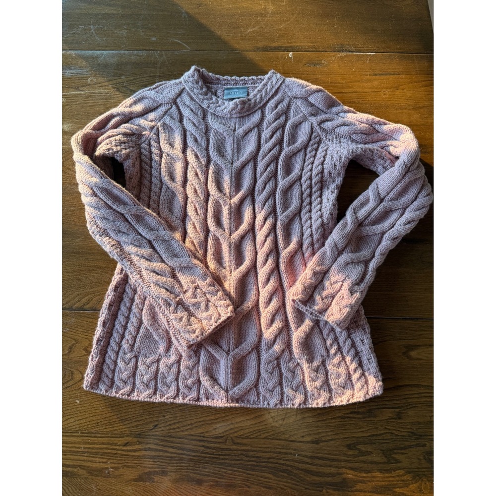 Aran Woollen Mills Ireland Merino Wool Cable Knit Crewneck Sweater Pink S Flaw